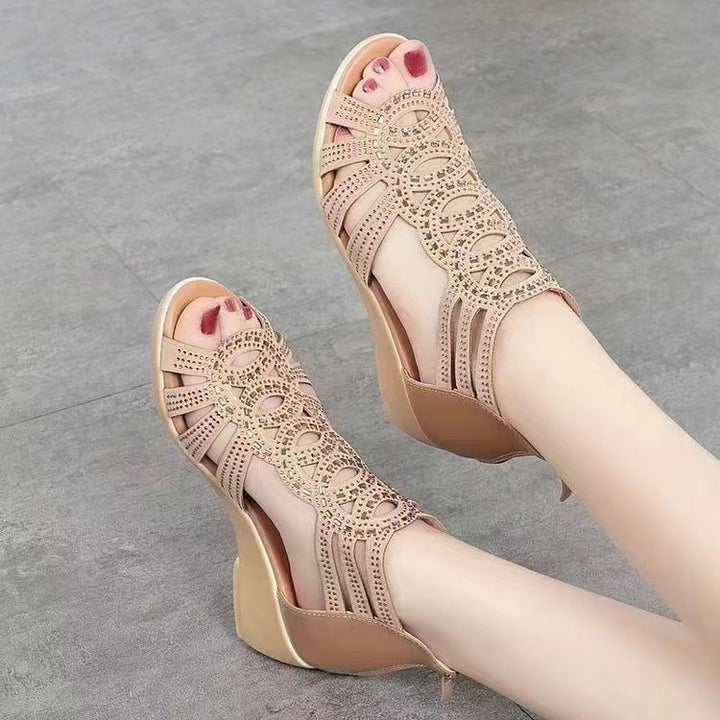 Women Peep Toe Cutout Wedge Sandals Rhinestone Hollow Out Gladiator Style Shoes