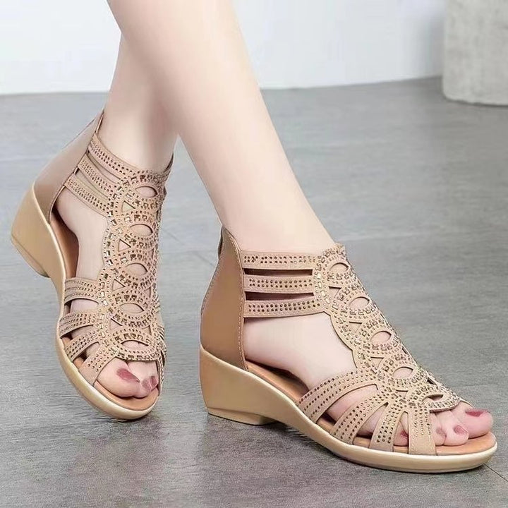 Women Peep Toe Cutout Wedge Sandals Rhinestone Hollow Out Gladiator Style Shoes