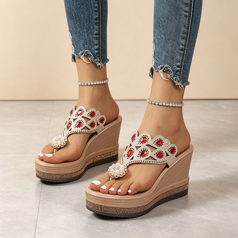 Rhinestone Pearl Platform Wedge Sandals