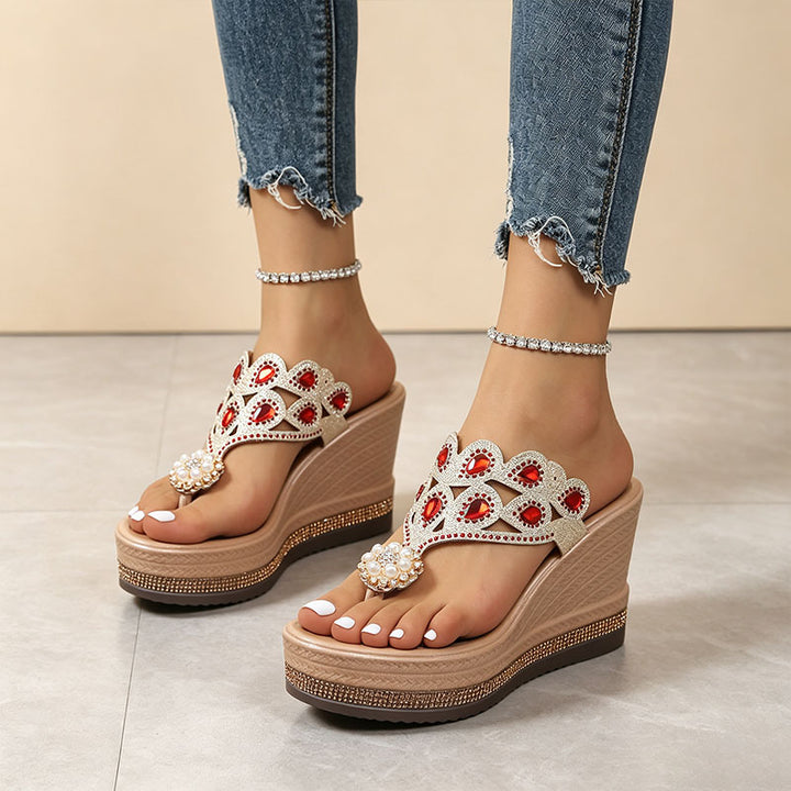 Rhinestone Pearl Platform Wedge Sandals