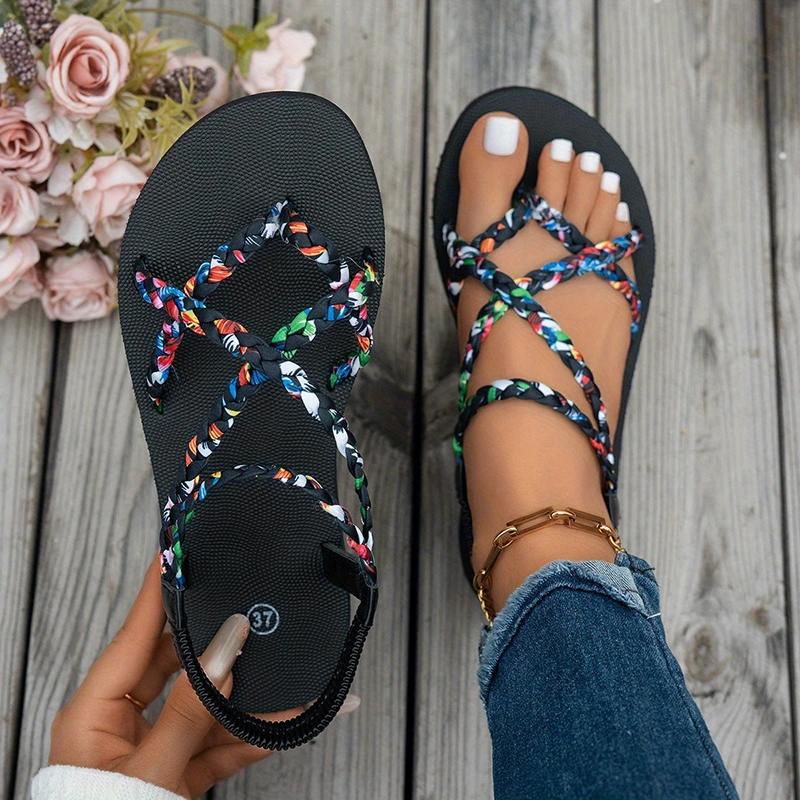 Colorful Braided Crisscross Flat Sandals for Women