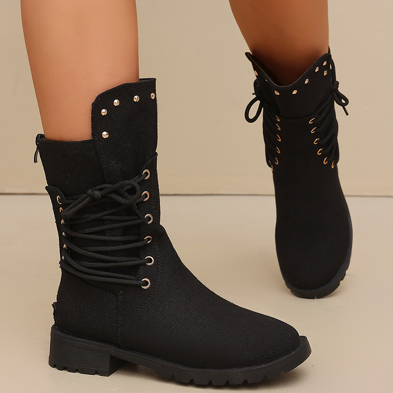 Women Studded Lace Up Mid Calf Boots
