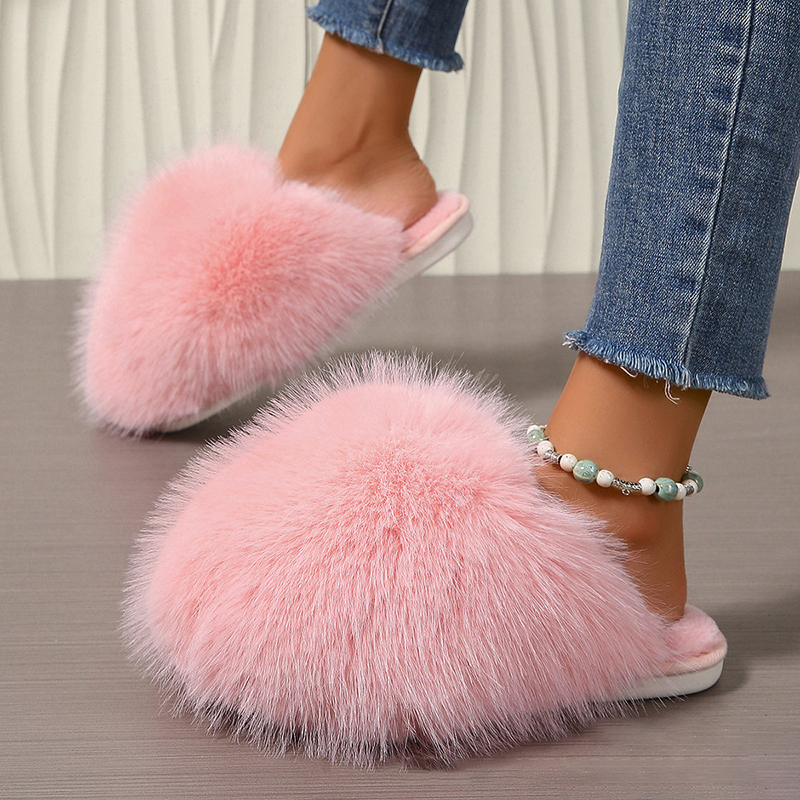 Plush flat indoor slippers