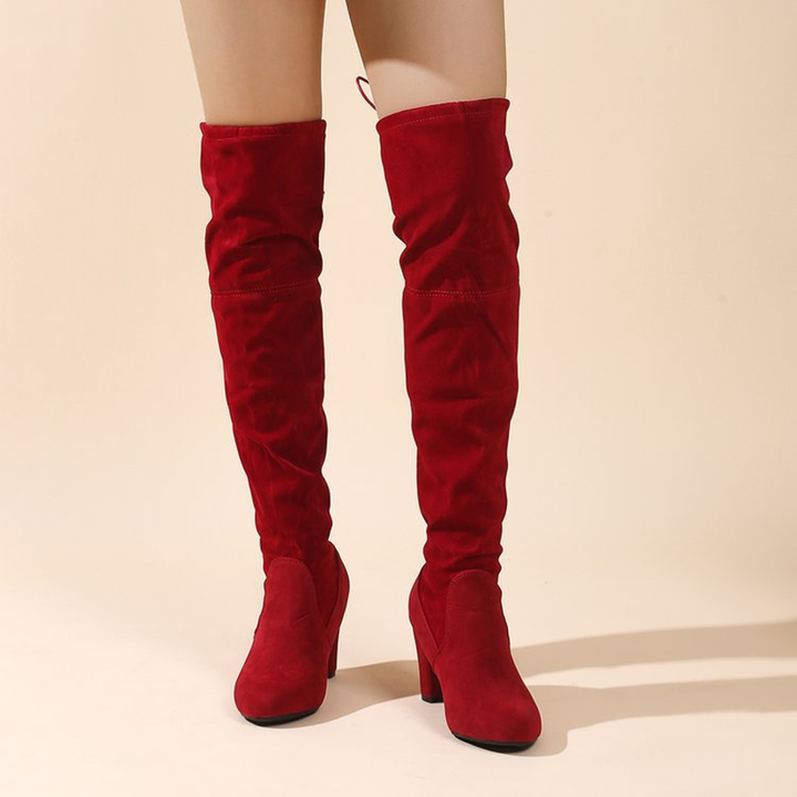 Pointed-toe over-the-knee high-heeled boots with back lacing