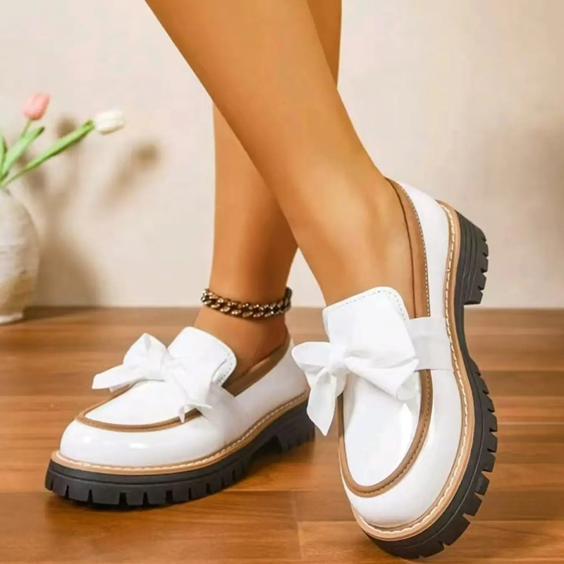 Bow Detail Patent Platform Loafers for Women