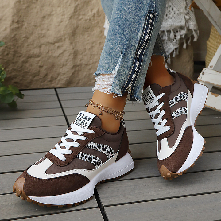 Lace-up platform retro leopard and stripe casual sneakers