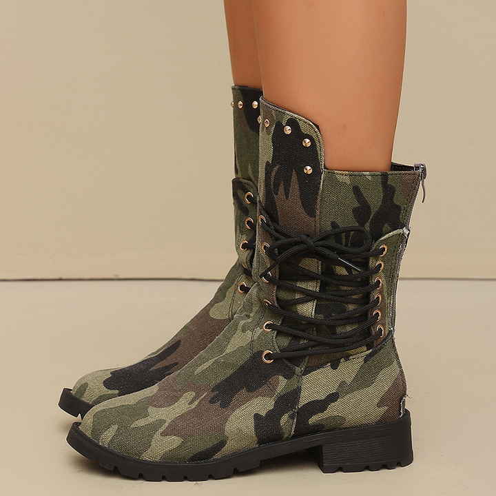Women Studded Lace Up Mid Calf Boots