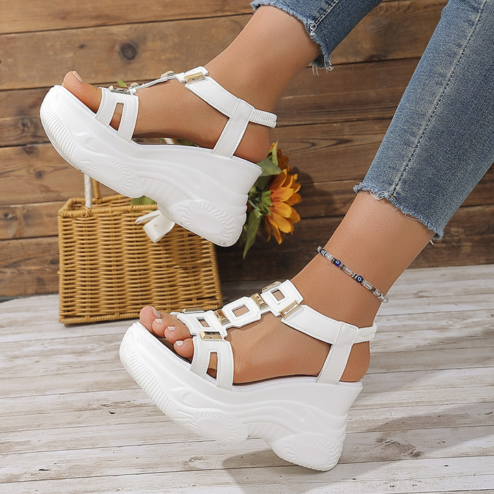 Women Gold Decor Elastic Ankle Strap Platform Wedge Sandals