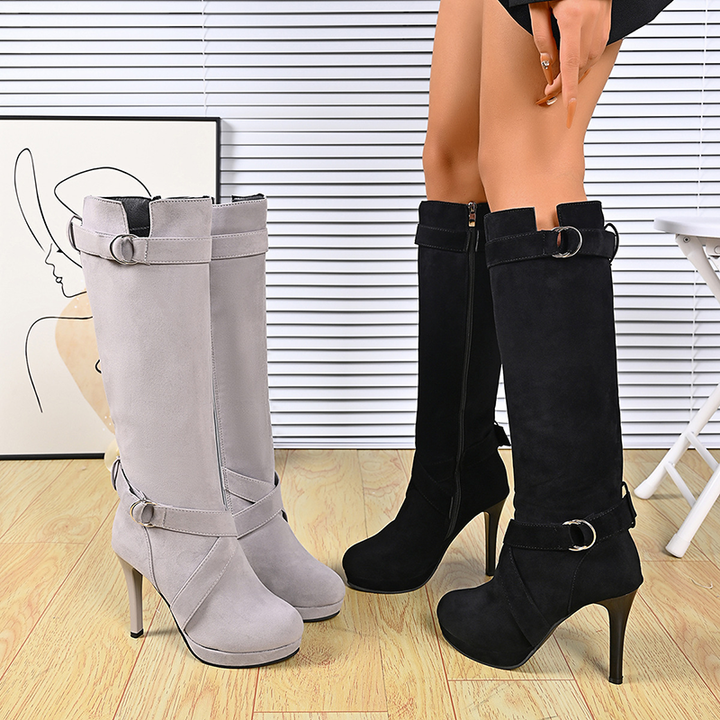 Women Buckle Strap Knee High Heel Boots