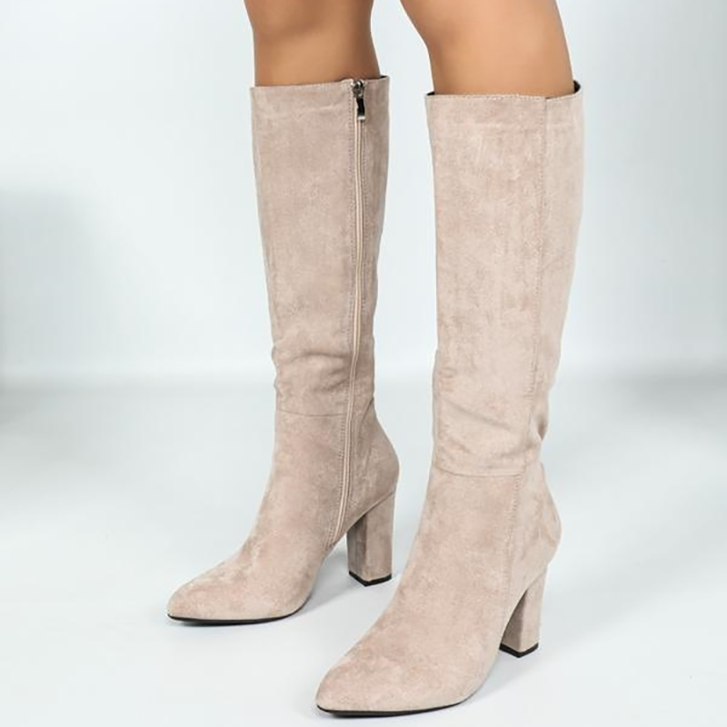 Pointed Toe Block Heel Knee High Boots