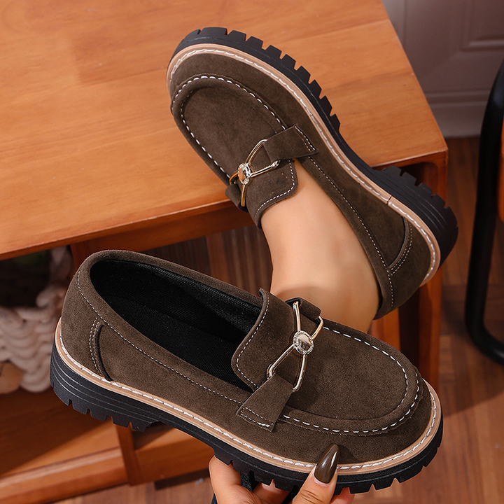 Metal Buckle Platform Suede Loafers
