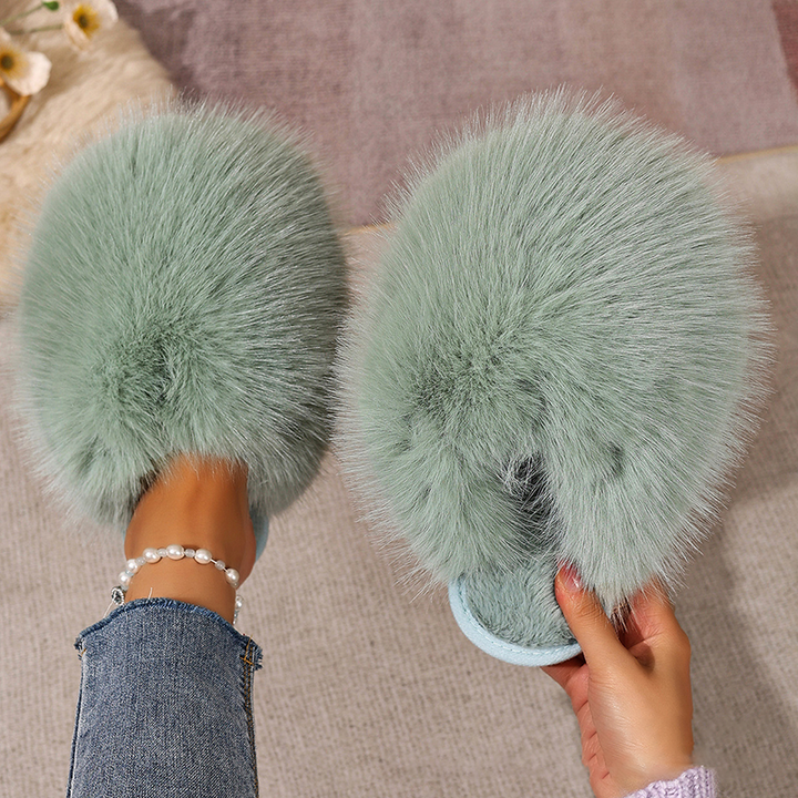 Plush flat indoor slippers