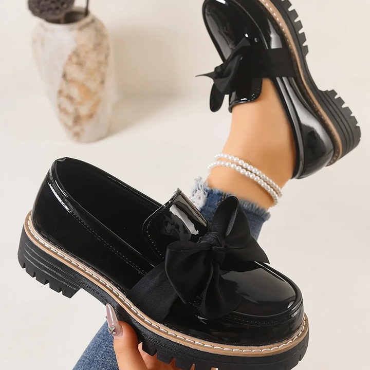 Bow Detail Patent Platform Loafers for Women