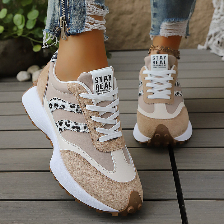 Lace-up platform retro leopard and stripe casual sneakers