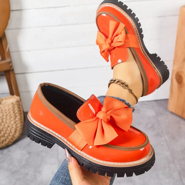Bow Detail Patent Platform Loafers for Women