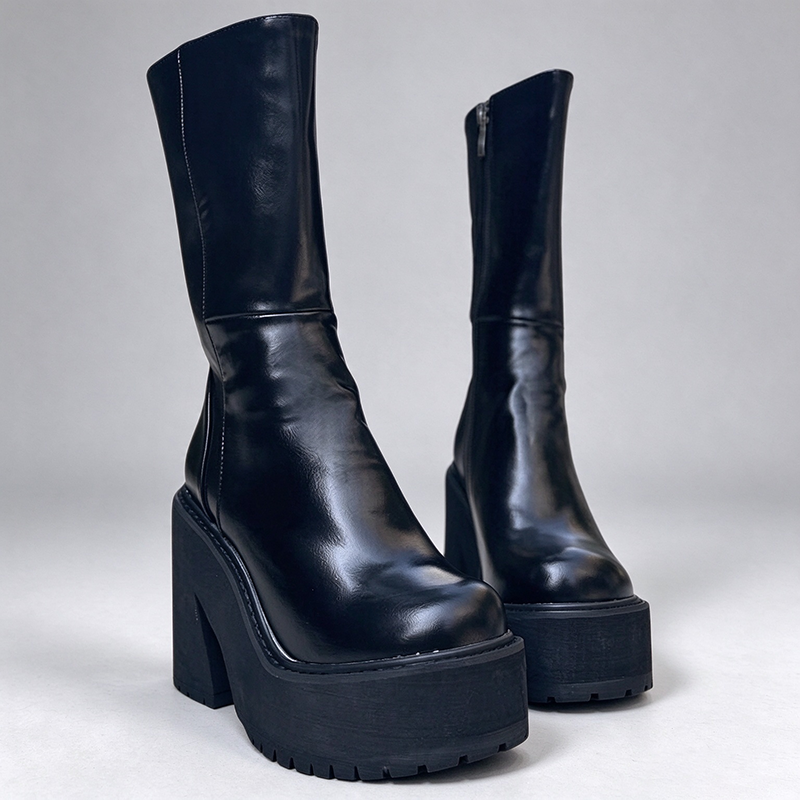 Round Toe Chunky Platform Mid-Calf Boots