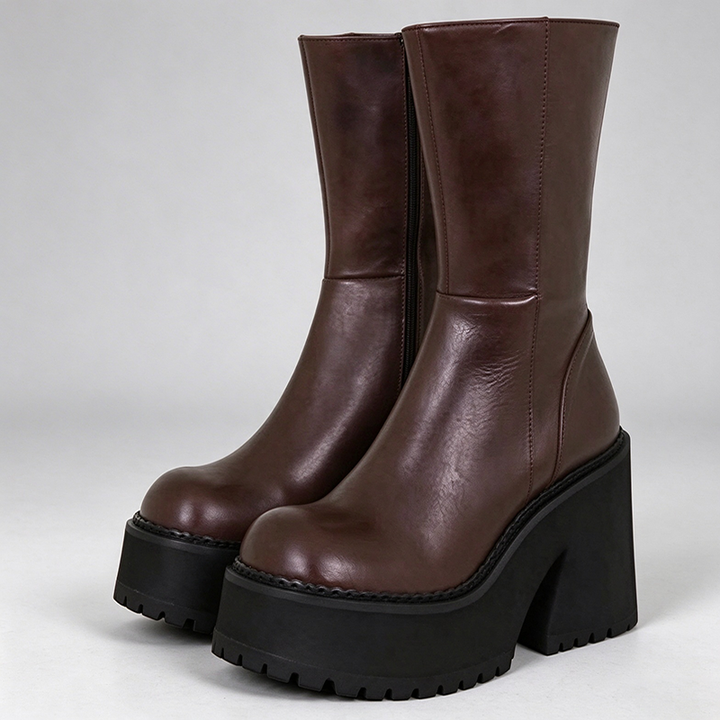 Round Toe Chunky Platform Mid-Calf Boots