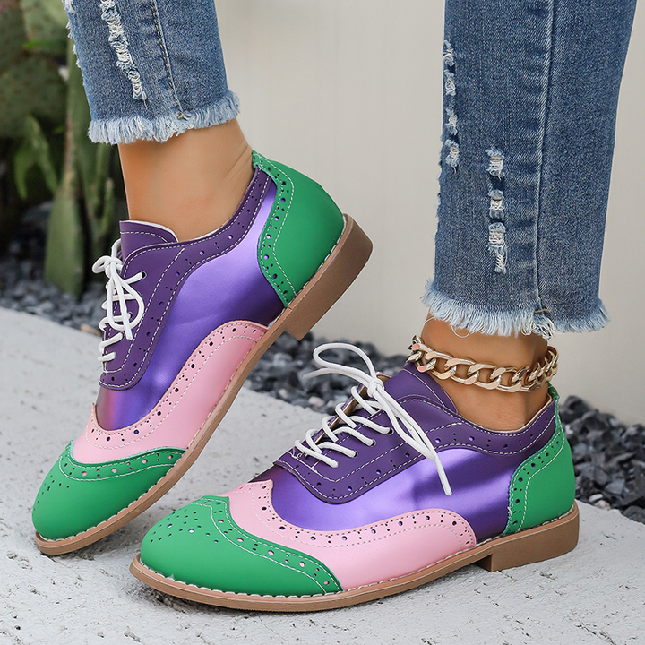 Floral Print Color Block Lace Up Low Heel Shoes for Women
