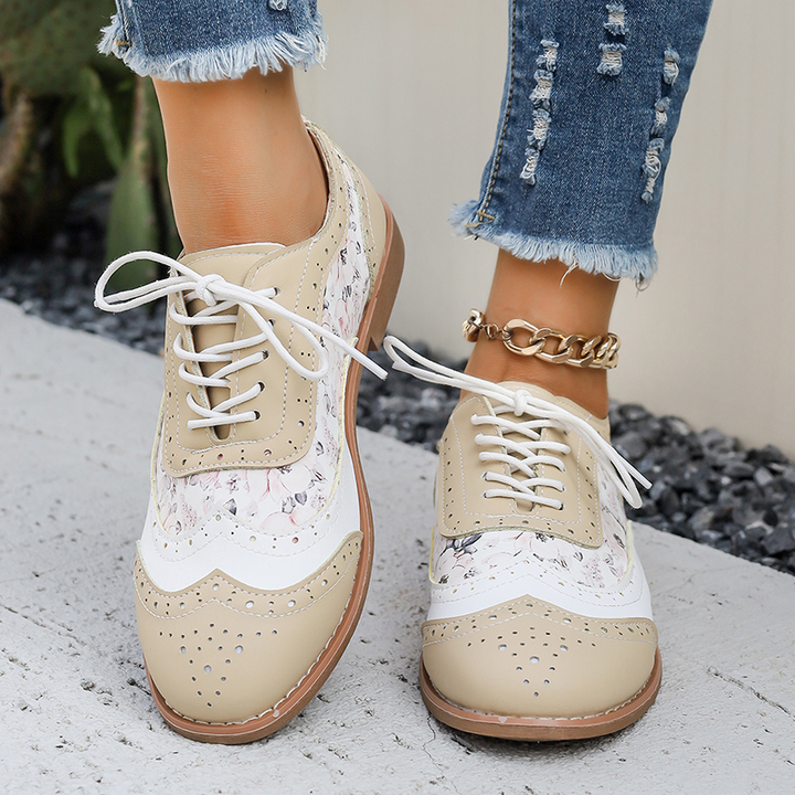 Floral Print Color Block Lace Up Low Heel Shoes for Women