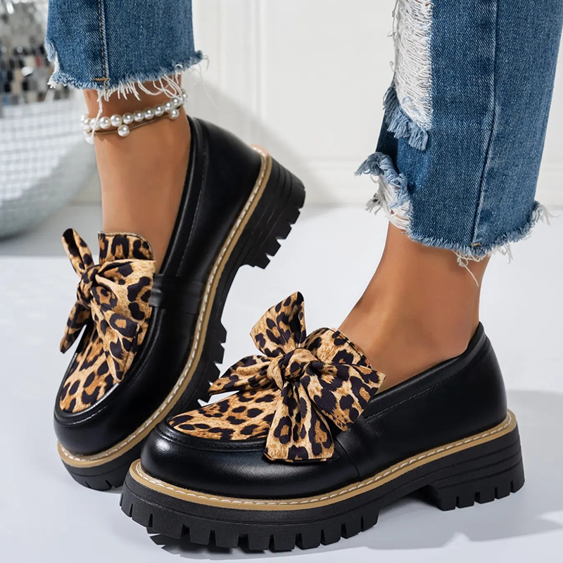 Bow Detail Patent Platform Loafers for Women