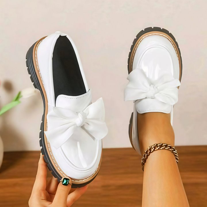 Bow Detail Patent Platform Loafers for Women