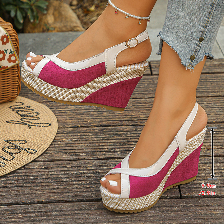 Platform Wedge Sandals with Peep-Toe and Buckle Strap