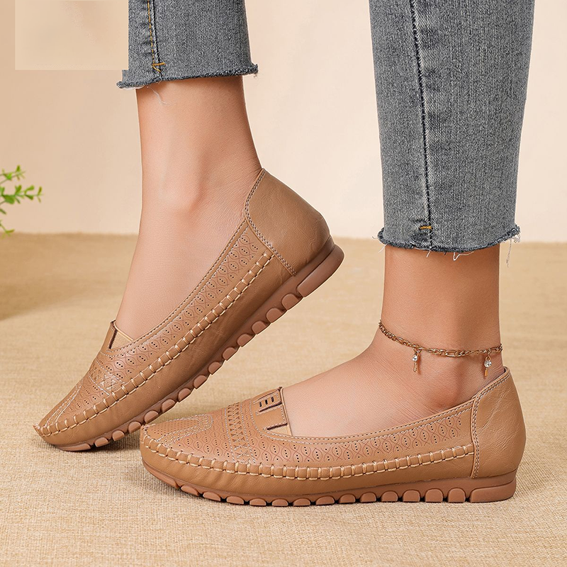 Perforated Slip-On Soft Leather Loafer Flats
