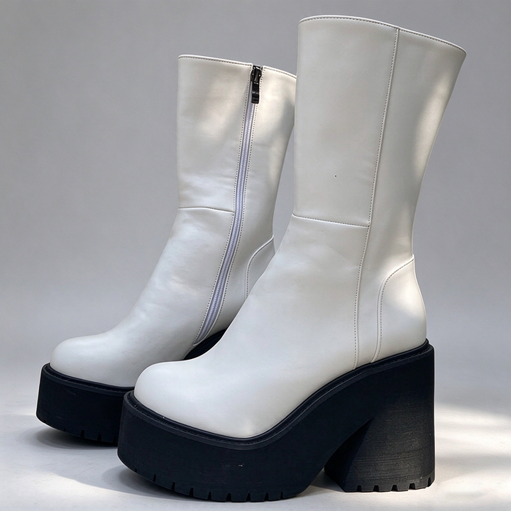 Round Toe Chunky Platform Mid-Calf Boots