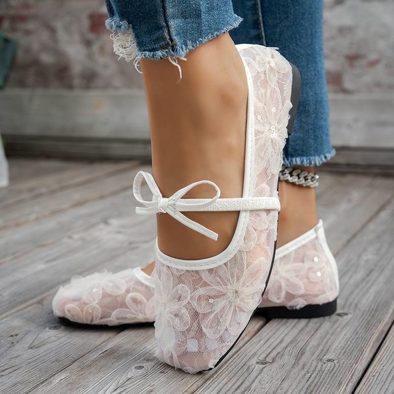 Floral Lace Mesh Bow Mary Jane Flats for Women