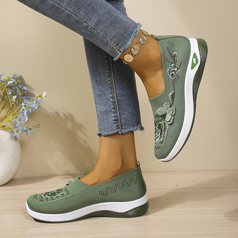 Embroidered Knit Slip-On Wedge Walking Shoes