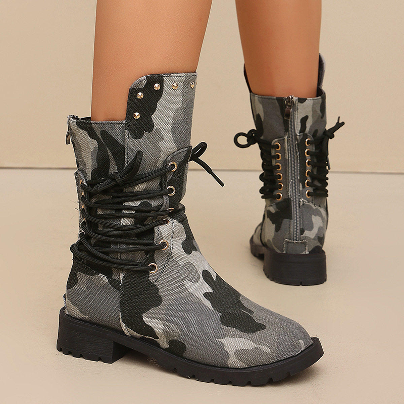 Women Studded Lace Up Mid Calf Boots