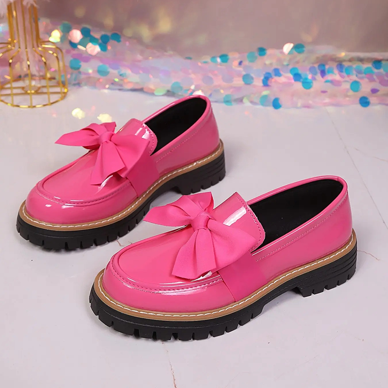 Bow Detail Patent Platform Loafers for Women