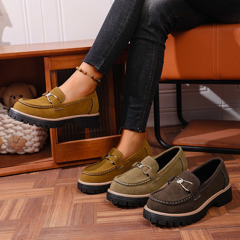 Metal Buckle Platform Suede Loafers