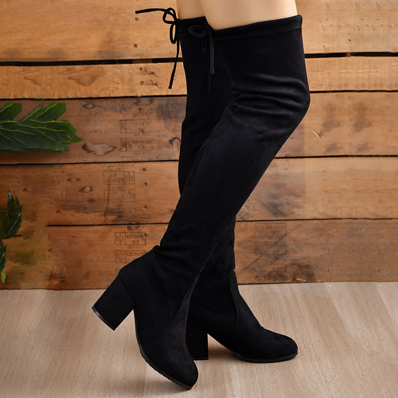 Black Suede Chunky Heel Over The Knee Boots