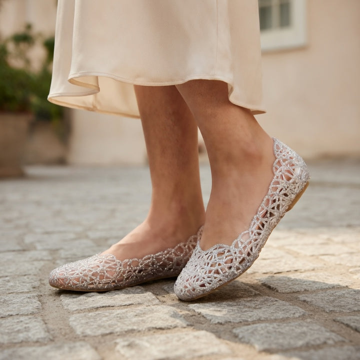 Women Sparkly Hollow Woven Flats Breathable Mesh Pointed Toe Ballet Flats