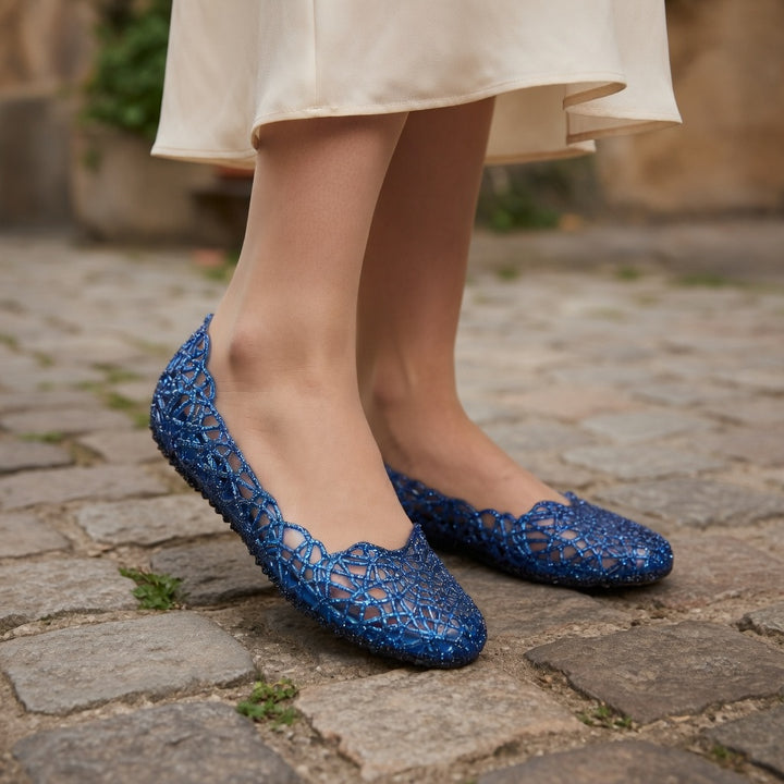 Women Sparkly Hollow Woven Flats Breathable Mesh Pointed Toe Ballet Flats