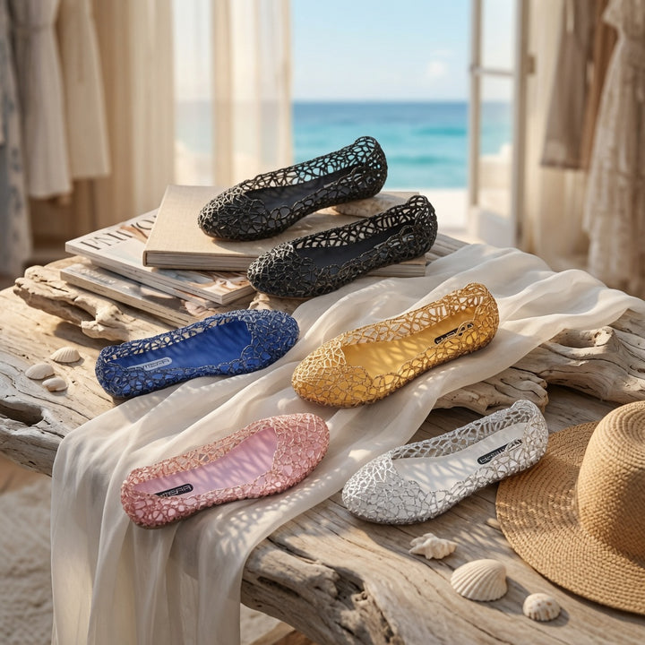 Women Sparkly Hollow Woven Flats Breathable Mesh Pointed Toe Ballet Flats