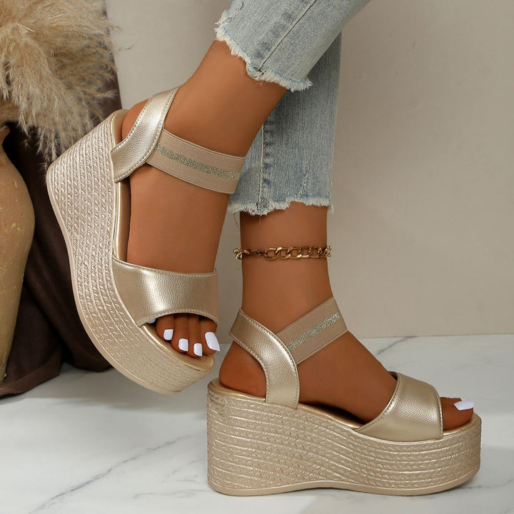 Platform Wedge Sandals with Glitter Ankle Strap - 9cm Heel