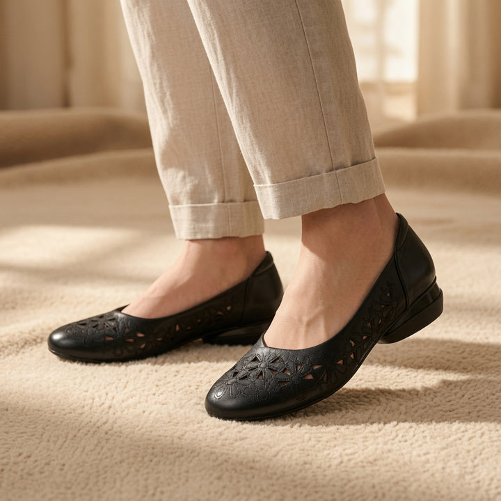 Genuine Leather Floral Cutout Low Heel Flats for Women – 2.5cm Comfort Slip-On Shoes