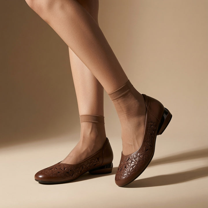 Genuine Leather Floral Cutout Low Heel Flats for Women – 2.5cm Comfort Slip-On Shoes